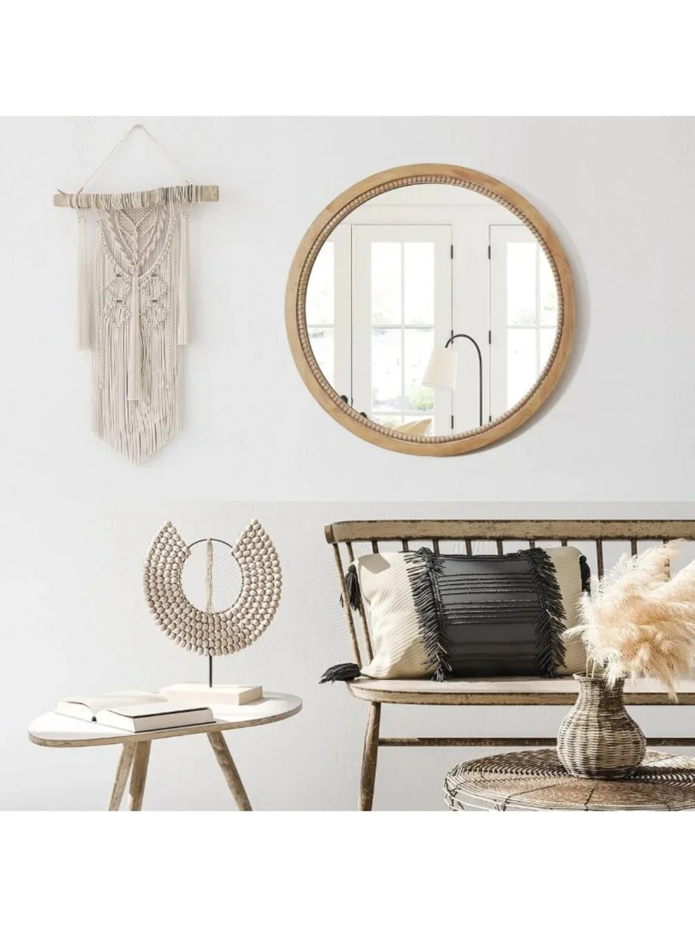 18” Round Wood Mirror - Farmhouse Style Circle Wall Decor for Boho Bathroom